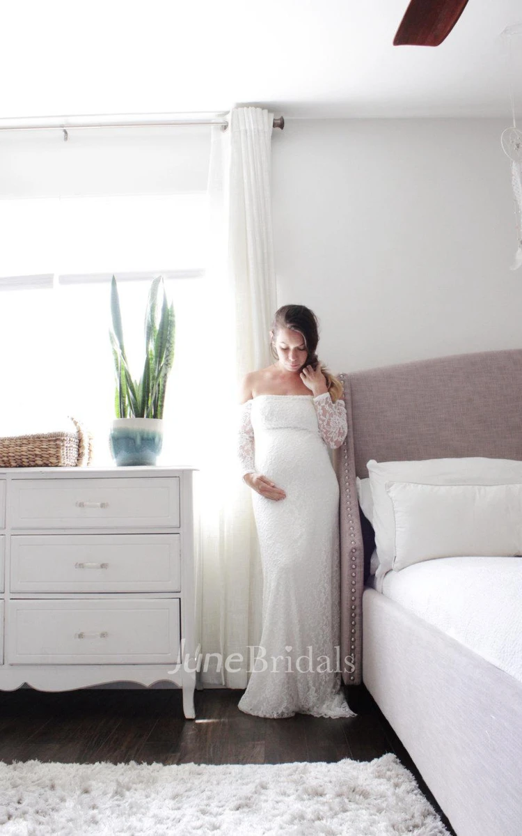 Off-The-Shoulder Long Sleeve Maternity Lace Floor-Length Dress