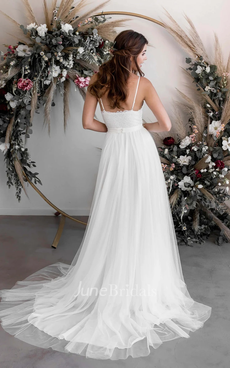 Spaghetti V-neck A-line Casual Ethereal Sexy Lace Tulle Bridal Gown With Court Train