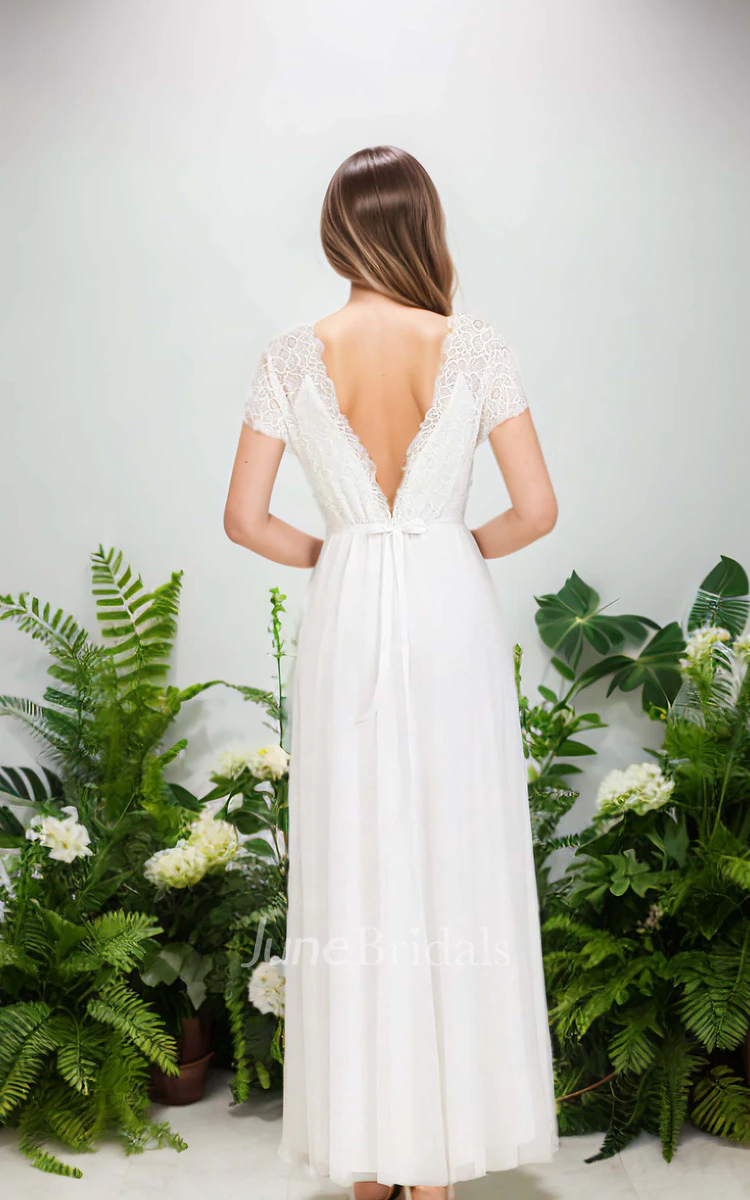 Sexy Plunging Neckline Boho Lace Short Sleeve A-Line Floor-length Wedding Dress with Ribbon Deep-V Back