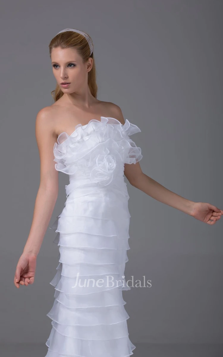 Strapless Organza Tiered Floor-Length Dress With Flower