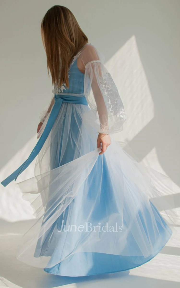 Bohemian Tulle A Line Square Neck Prom Dress with Sash
