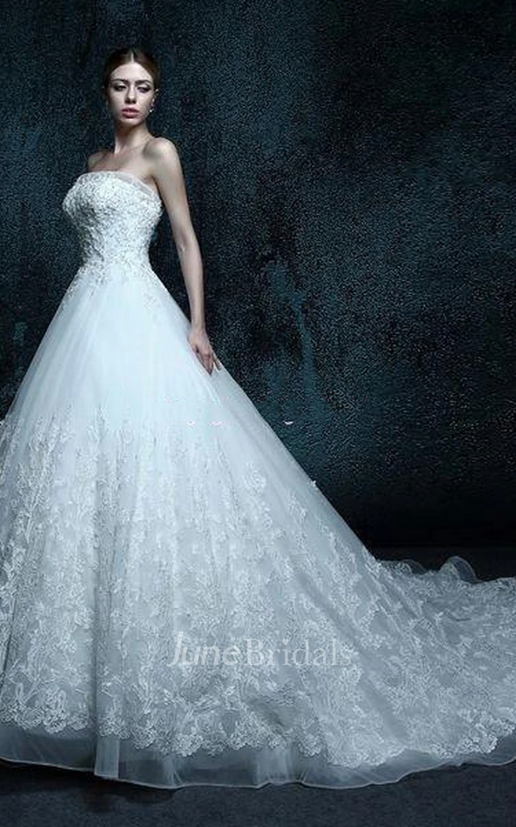 A-Line Strapped Chapel Train Lace Organza Dress With Appliques