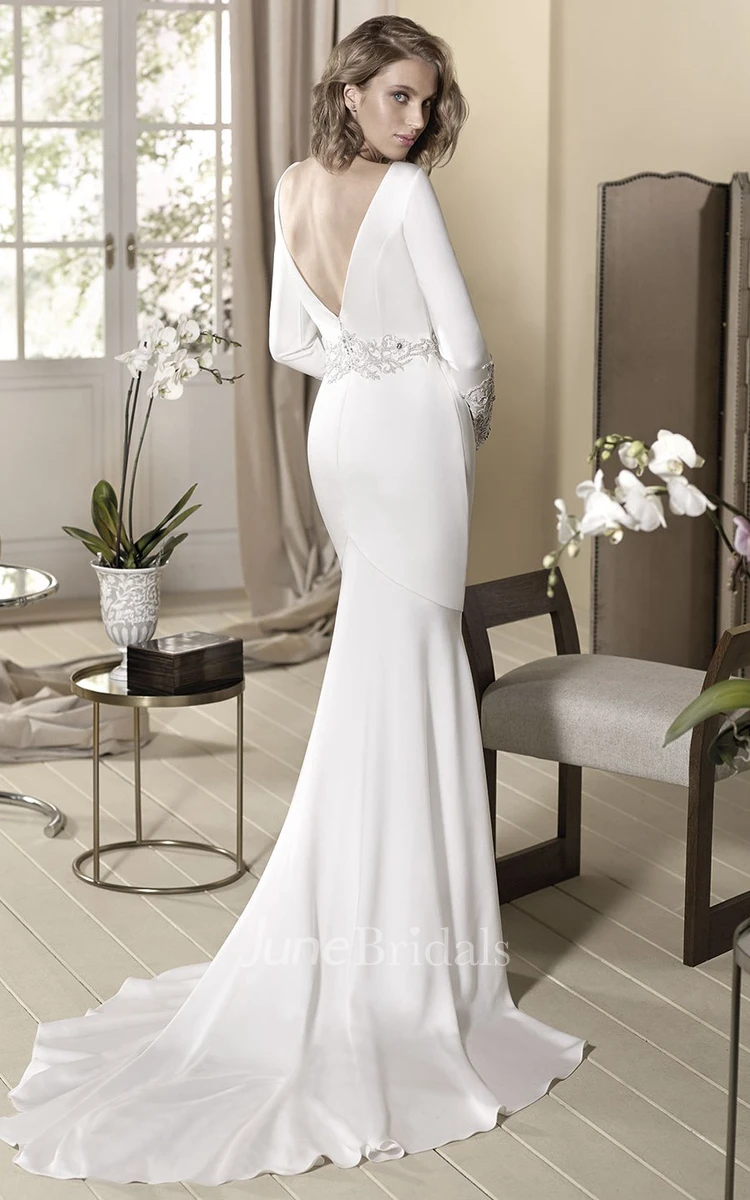 Sheath Beaded Long-Sleeve Floor-Length V-Neck Jersey Wedding Dress