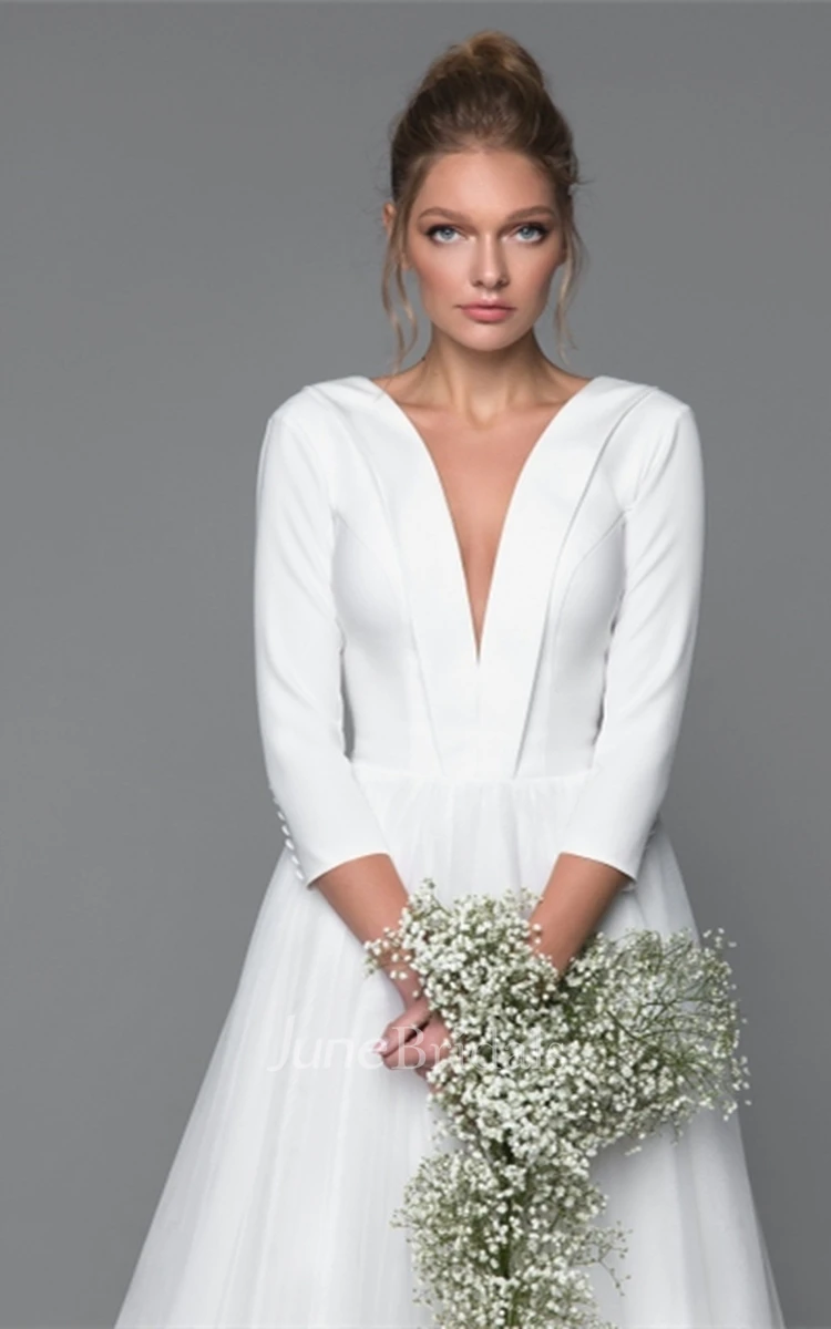 Modern A Line Satin V-neck Bridal Dress with Ruching