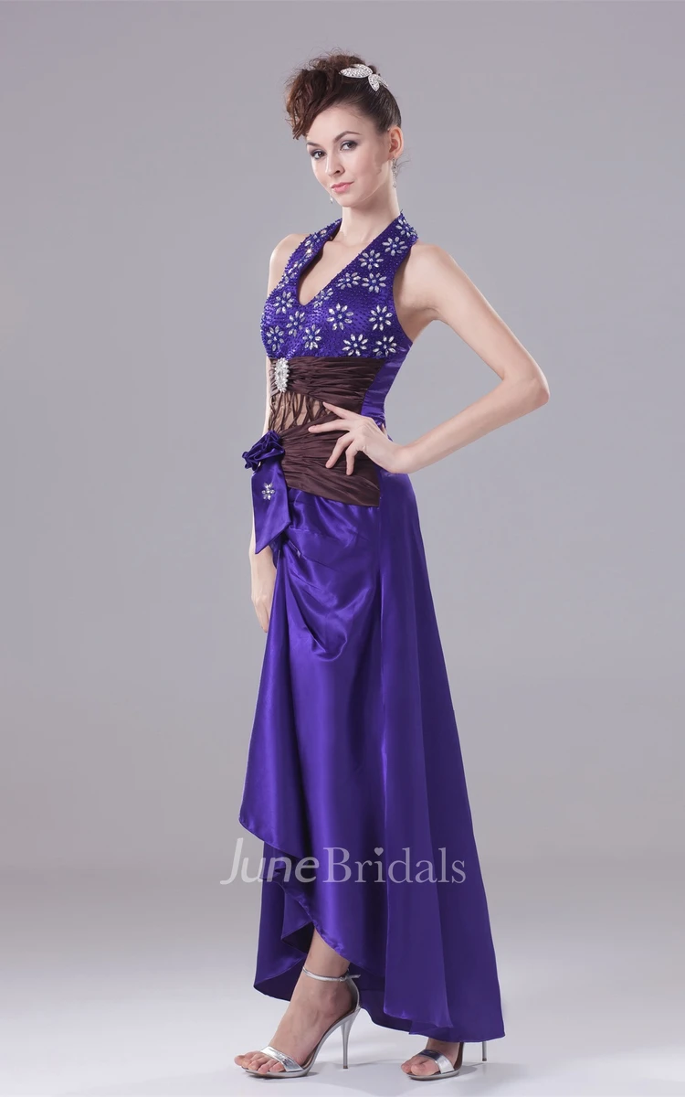 Sleeveless High-Low Ruched Dress with Flower and Rhinestone