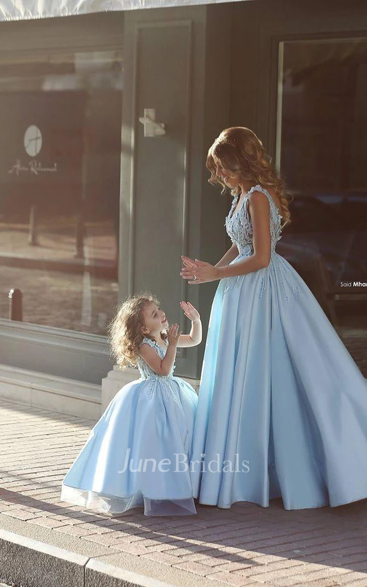 Newest Flowers Straps A-line Mother and Daughter Prom Dress Ball Gown