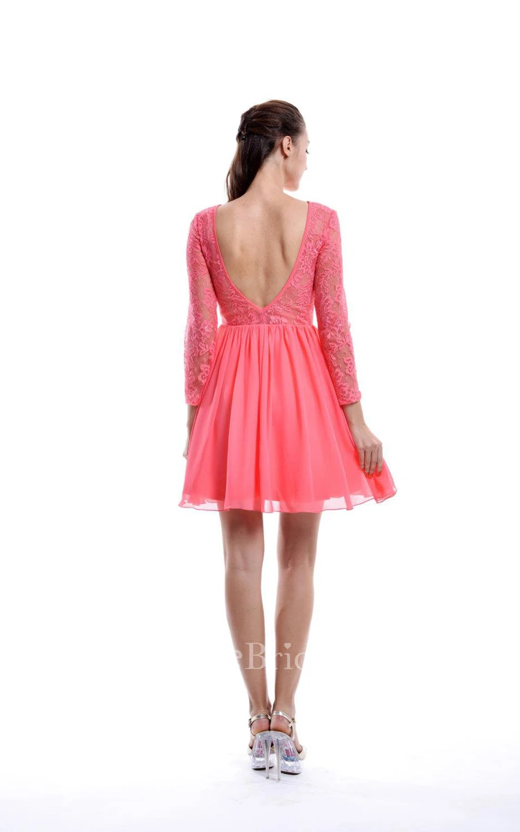 Short Long Sleeve Chiffon&Lace Dress With Low-V Back