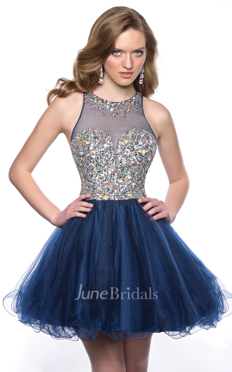 Tulle Sleeveless Jewel Neck Homecoming Dress With Polychrome Bodice