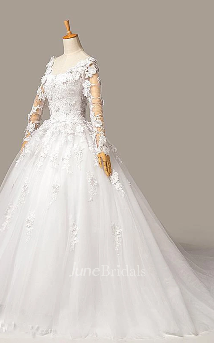 Gorgeous Long Sleeve Appliques Tulle Wedding Dresses Ball Gown Lace-up