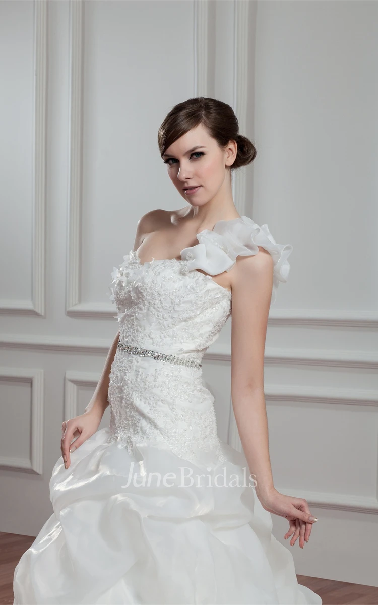 One-Shoulder Pick-Up Ball Gown with Appliques and Gemmed Waist