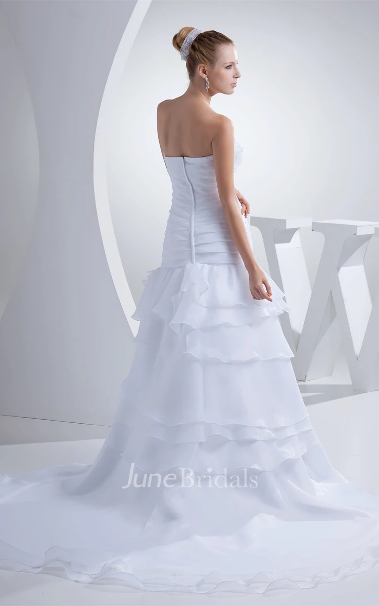 Strapless Ruched A-Line Dress with Tiers and Flower