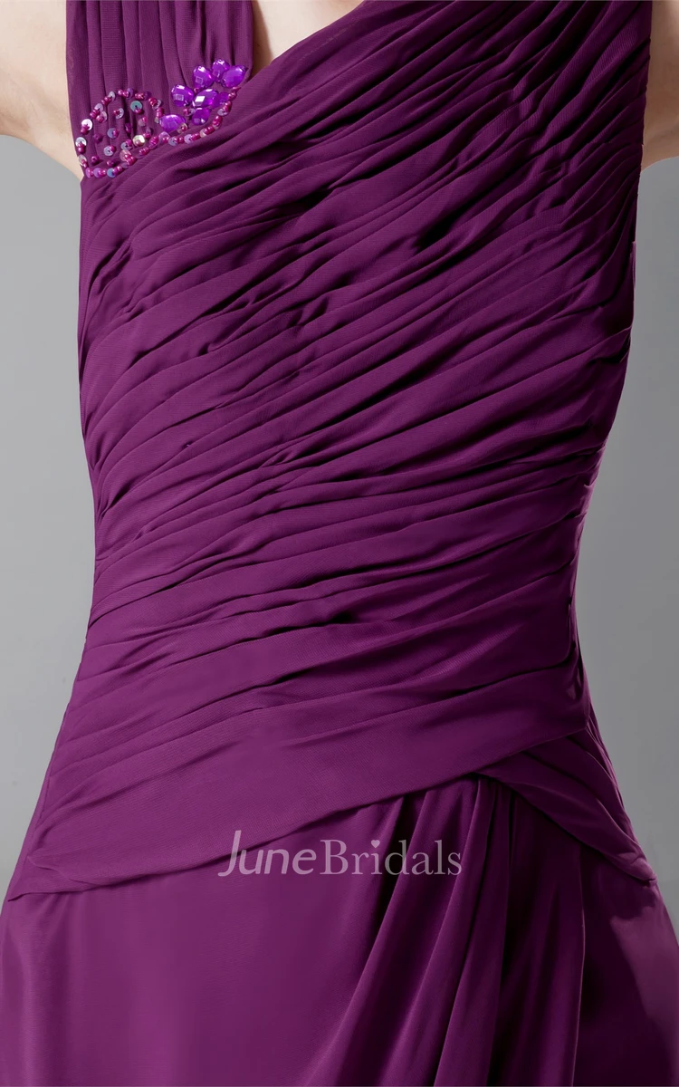 Sleeveless Chiffon Front-Split Dress with Ruching and Beading