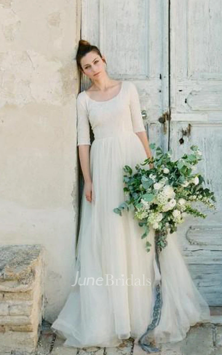 Modest A Line Scoop Neck Half Sleeved Full Back Tulle Skirt Wedding Dress with Sleeves