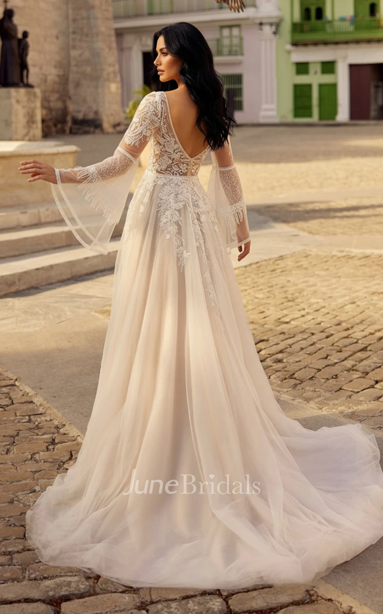 Bohemian Lace A-Line V-Neck Wedding Dress Vintage Bell Sleeves Deep V Back Tulle Bridal Gown for Garden Ceremony