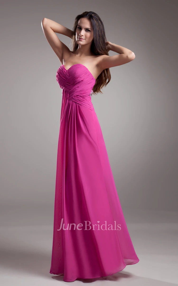 Soft Flowing Fabric Sweetheart Sleeveless Dress With Crystal Detailing And Draping