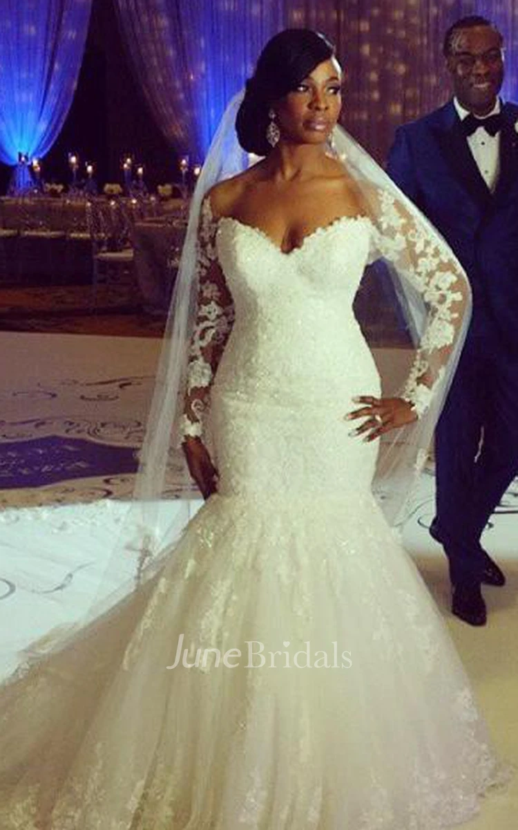 Glamorous Off-the-shoulder Long Sleeve Mermaid Wedding Dress With Appliques