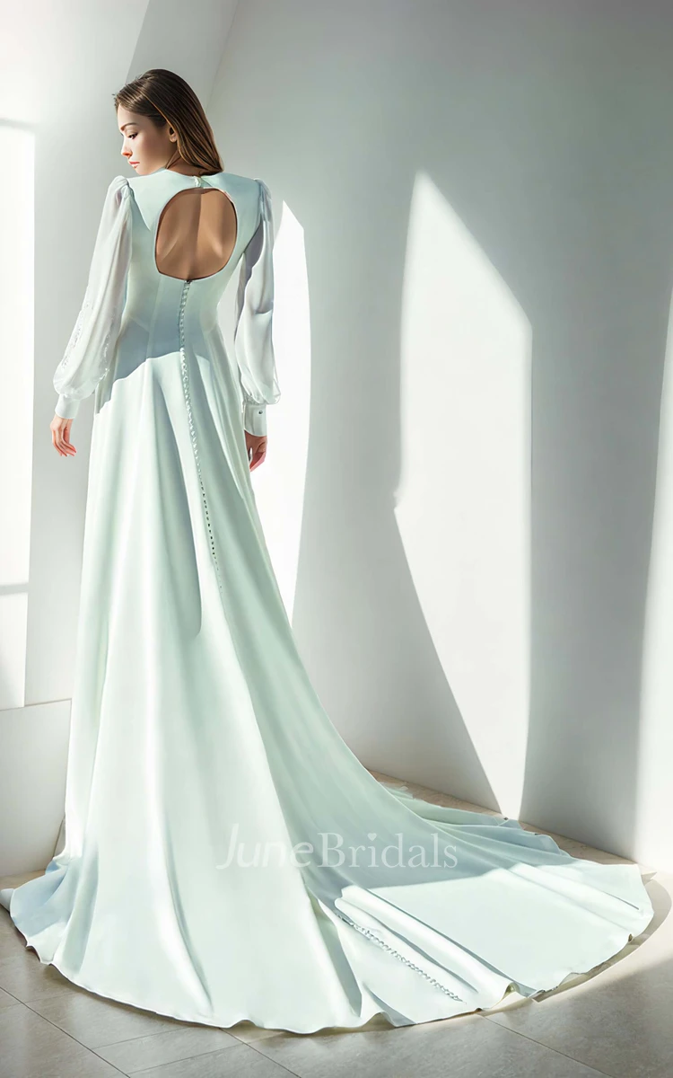 Elegant Solid Satin A-Line Plunging V-neck Lace Appliques Long Sleeves Wedding Dress Vintage Court Floor-length Button Back Bridal Gown