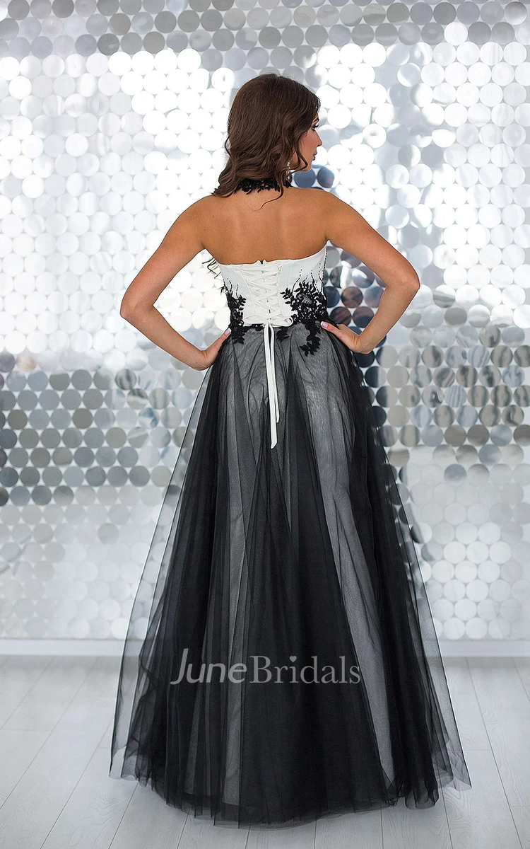 A-Line Floor-Length Sweetheart Sleeveless Tulle Appliques Beading Lace-Up Dress