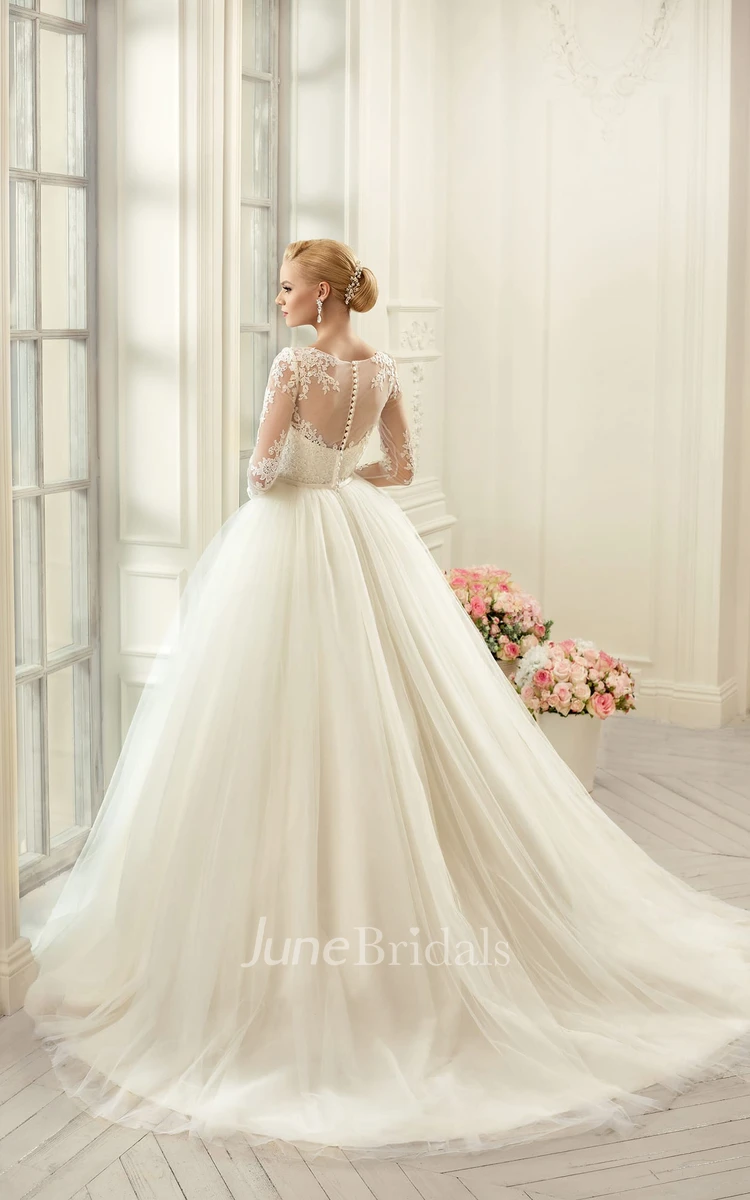 Ball Gown Floor-Length Jewel Long-Sleeve Illusion Tulle Lace Dress With Appliques