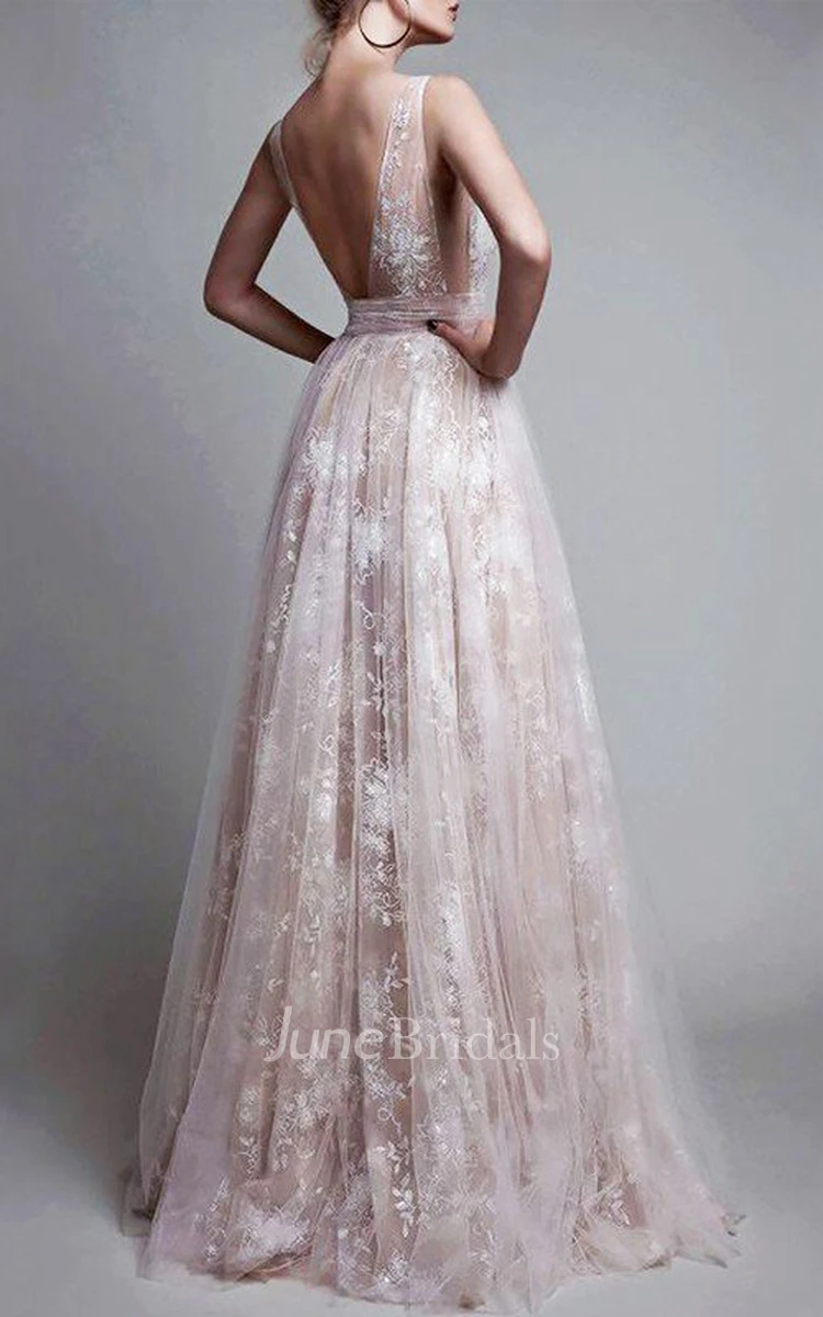 Princess V-neck Floor Length Tulle Sleeveless Applique Dress Online