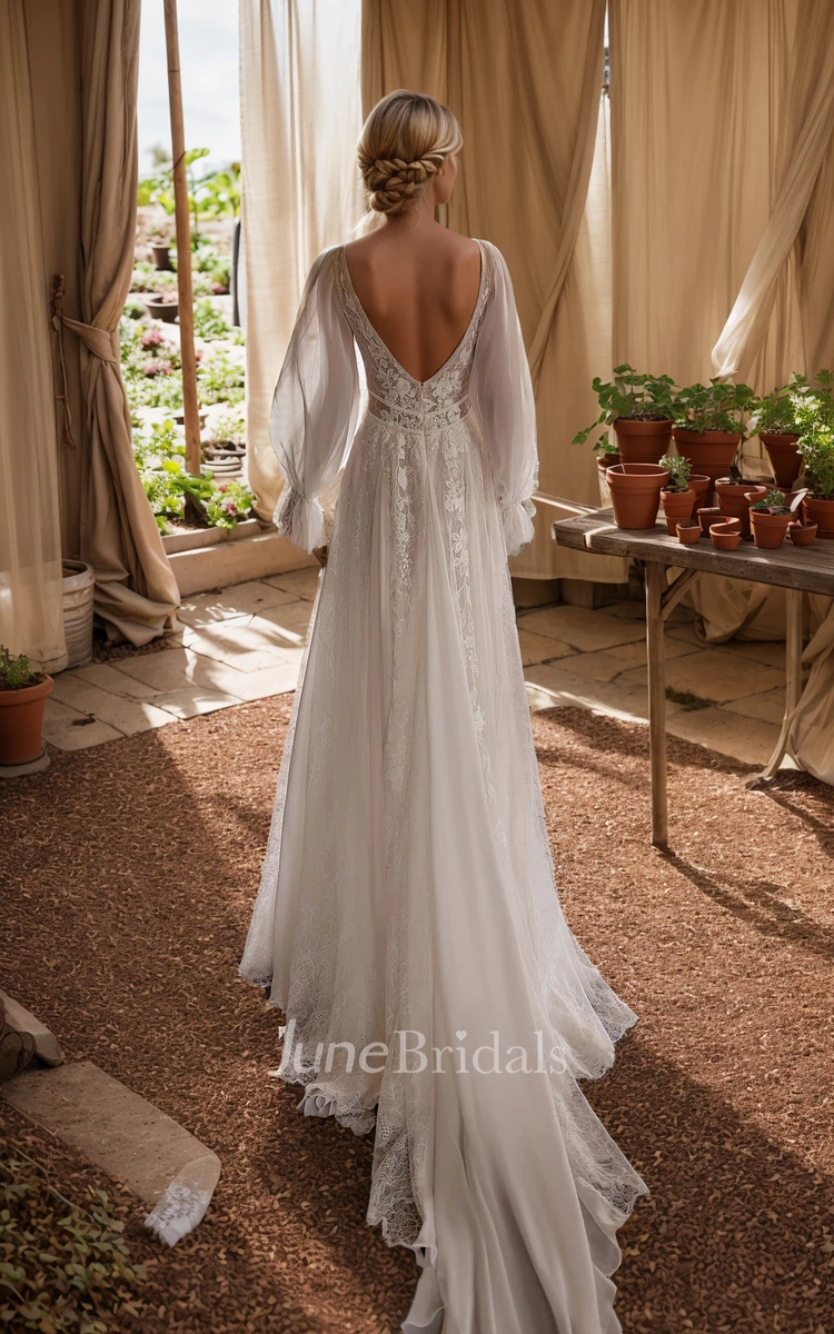 Ethereal Modern Boho A-Line Appliques Long Sleeve Wedding Dress Sexy Romantic Plunging Neckline Deep-V Back Chiffon Lace Bridal Gown