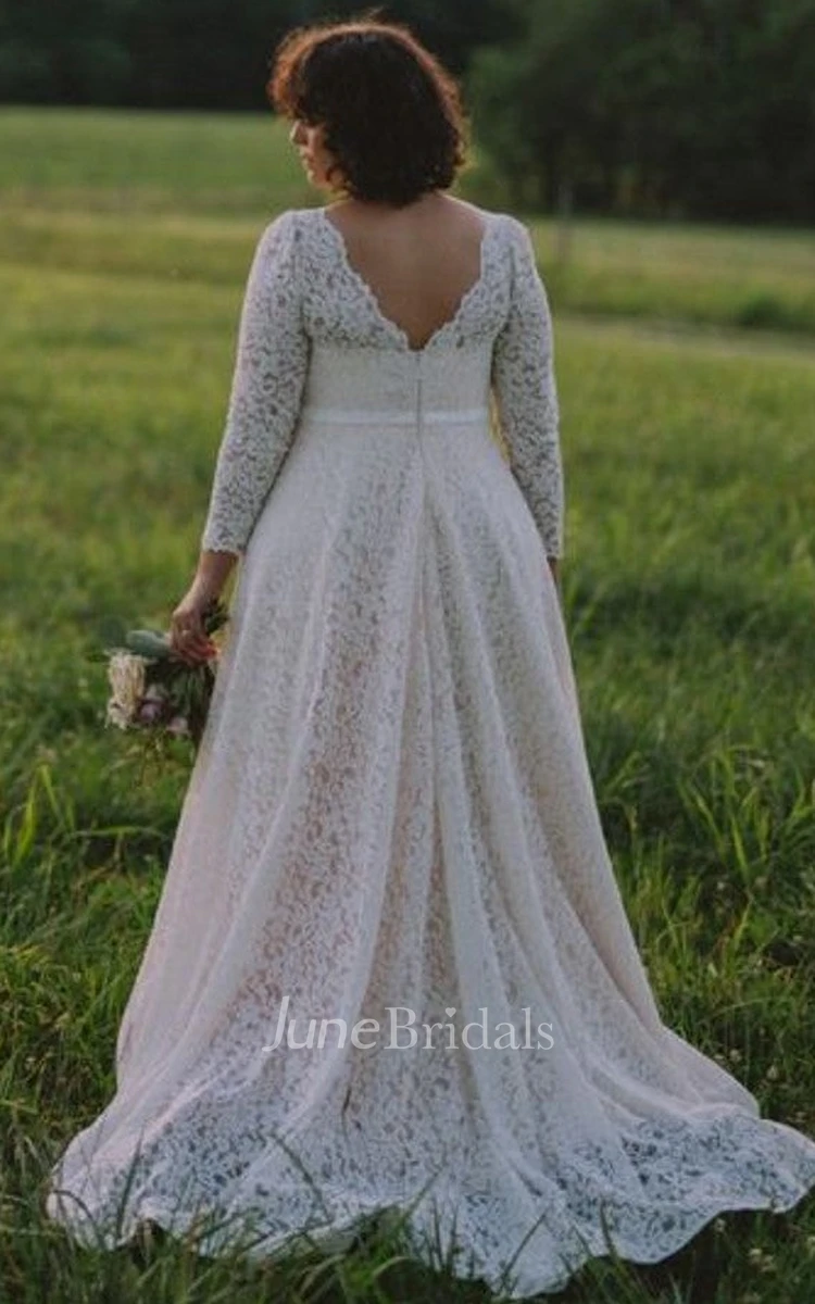 Simple Plus Size Brush Train Long Sleeve Lace A Line Low-V Back Wedding Dress