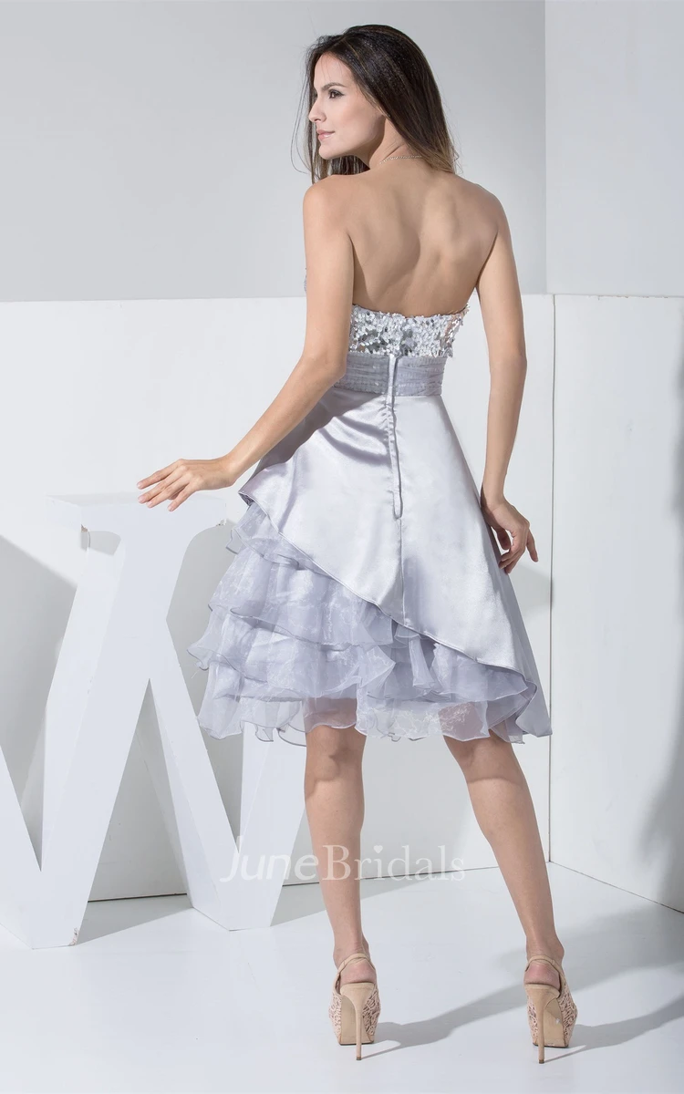 Unique Sequined Sweetheart Knee Dress with Bowed Sash and Tiered Ruffle