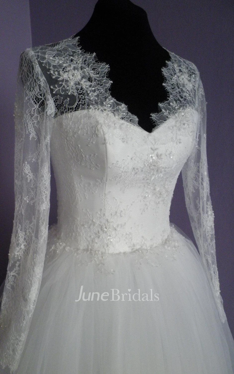 Vintage Inspired Long Lace Sleeves Tulle Wedding Dress With Lace Corset