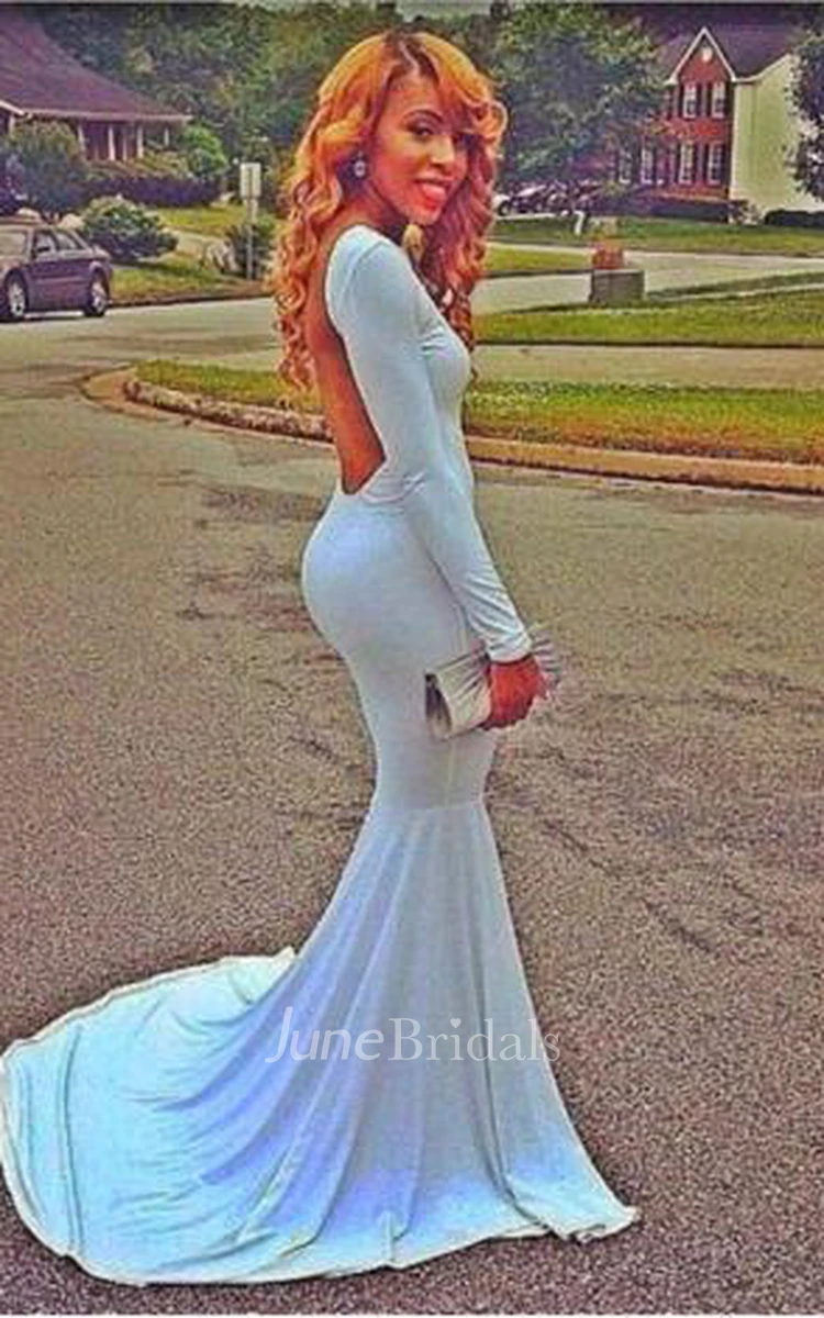 Sexy White Open Back Long Sleeve Prom Dress Long Evening Party Gown