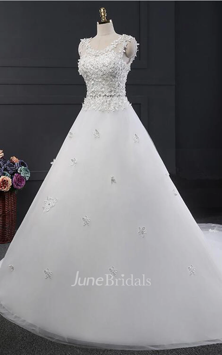 Scoop Neck Long A-line Tulle Wedding Dress With Ruffles And Appliques