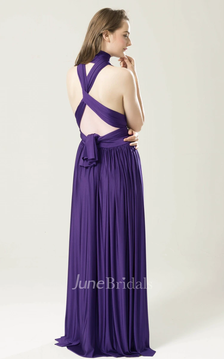 Simple A Line Halter Jersey Bridesmaid Dress With Open Back And Sash