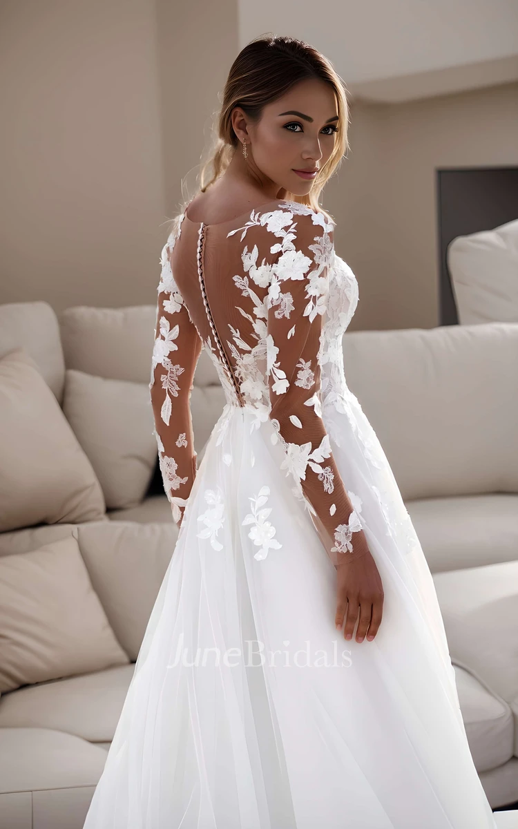 Romantic Floral A-Line Bohemian Lace Sheer Long Sleeve Winter Wedding Dress Illusion Modern Plunging Appliques Bridal Gown