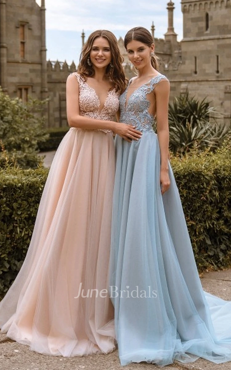 Elegant Lace V Neck Bridesmaid Dresses Sexy Illusion Back Tulle Dresses -  June Bridals