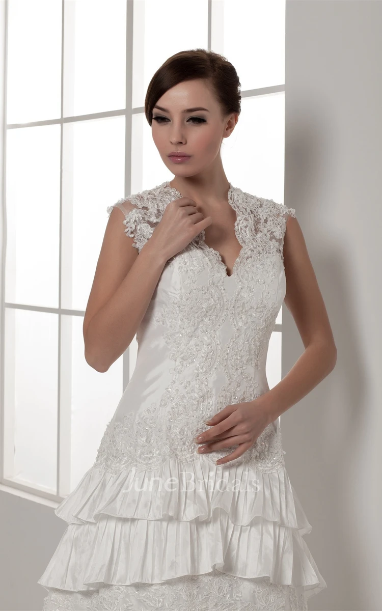 Scalloped-Neck Caped-Sleeve Lace Dress with Beading and Tiers