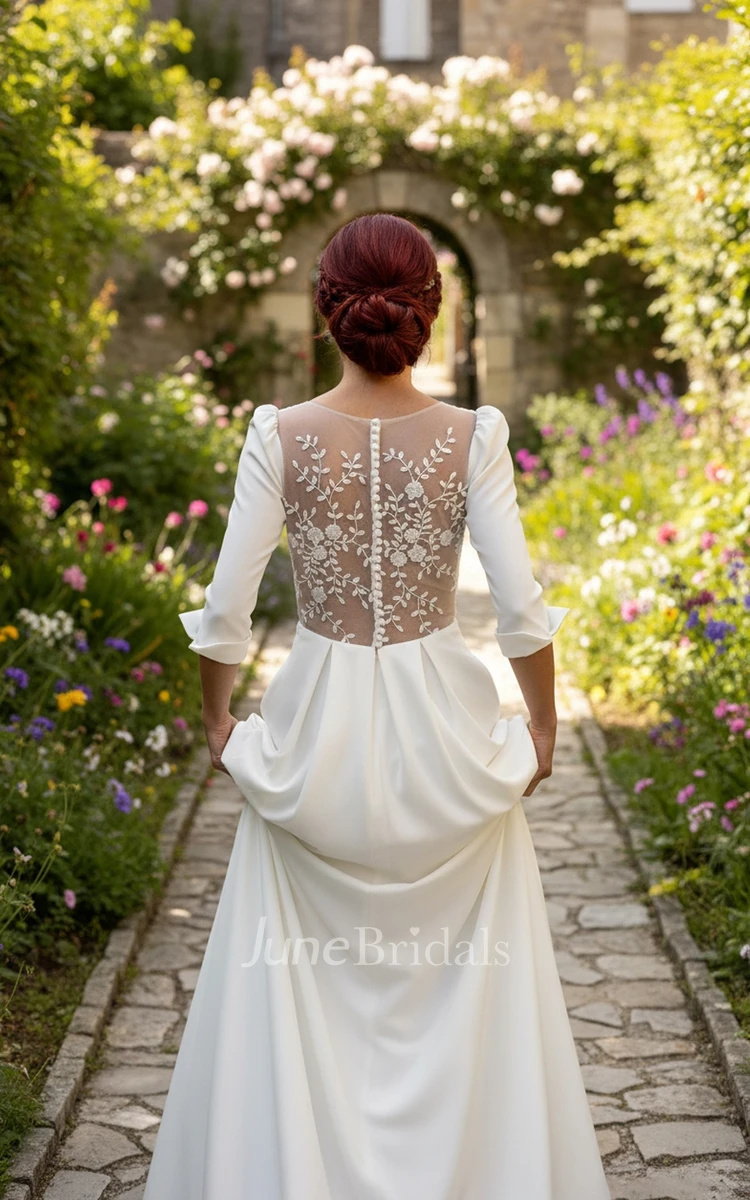 Simple A-Line 3/4 Sleeves Wedding Dress Casual V-neck Lace Back Bridal Gown