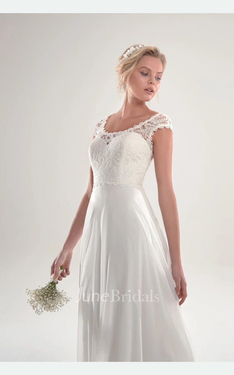 Cap Sleeves Open Back Chapel Train Wedding Dress with Lace Top Cap Sleeves Open Back Chapel Train Wedding Dress with Lace Top