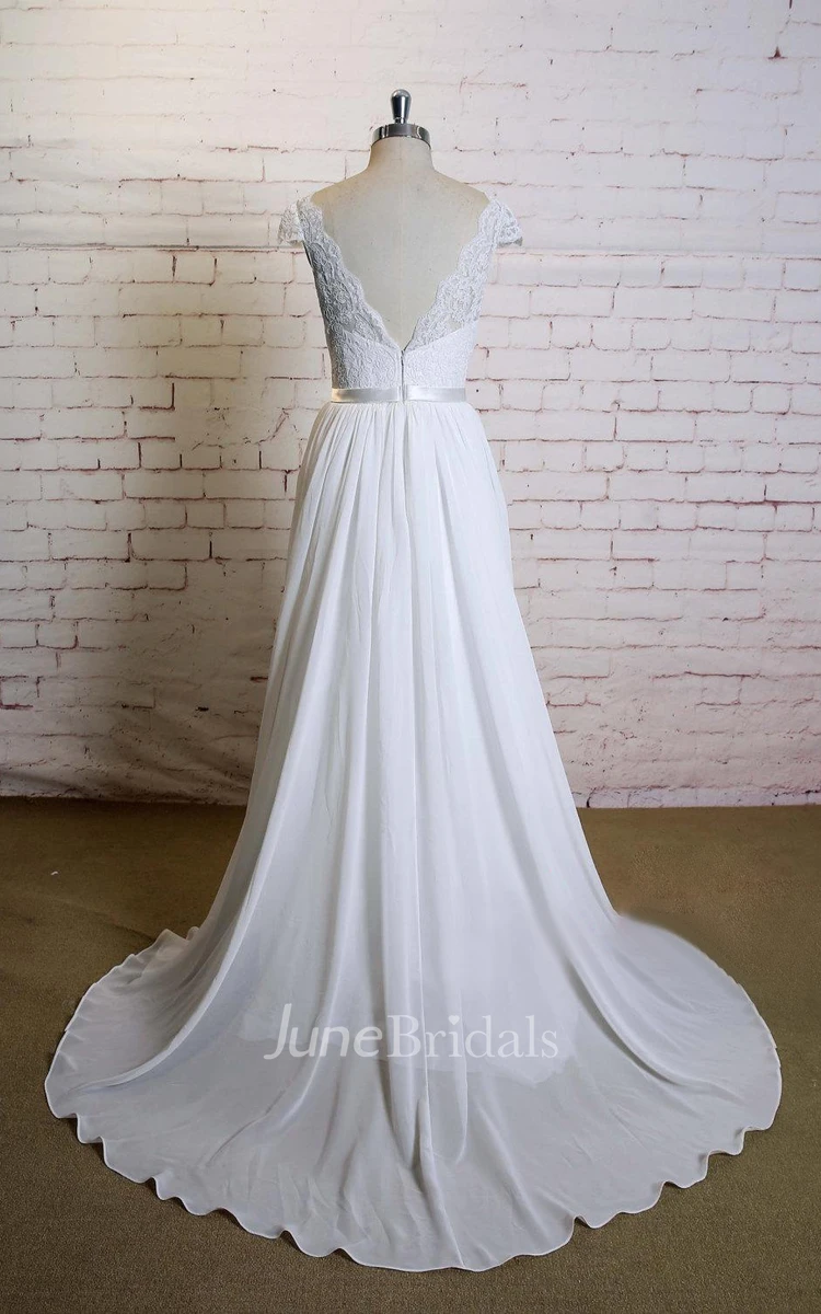 V-Neck Cap Sleeve A-Line Chiffon Wedding Dress With Lace Top and Satin Sash