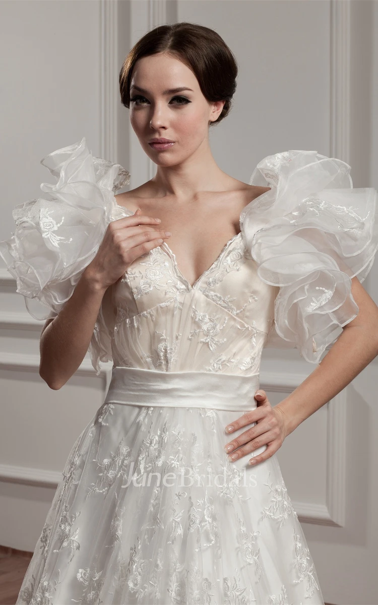 Plunged Ruffled A-Line Gown with Lace and Court Train