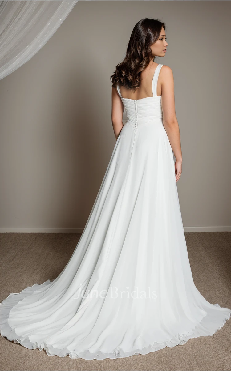 Simple Solid Chiffon A-Line Straps Sleeveless Ruching Sweetheart Neckline Wedding Dress Elegant Sexy Beach Floor-length Court Train Backless Button Zipper Back Bridal Gown