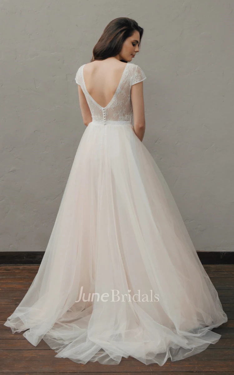Sexy A Line V-neck Lace and Tulle Wedding Dress with Ruching