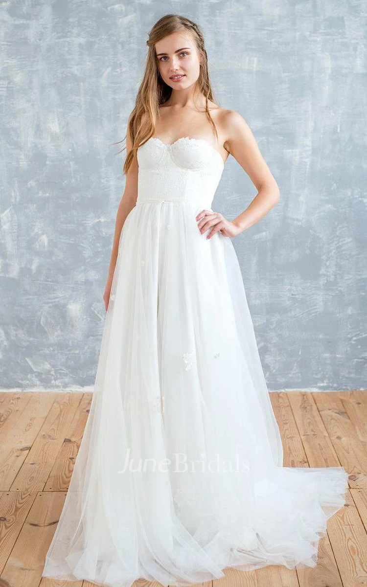 Sweetheart A-Line Tulle Chiffon Wedding Dress With Lace Top