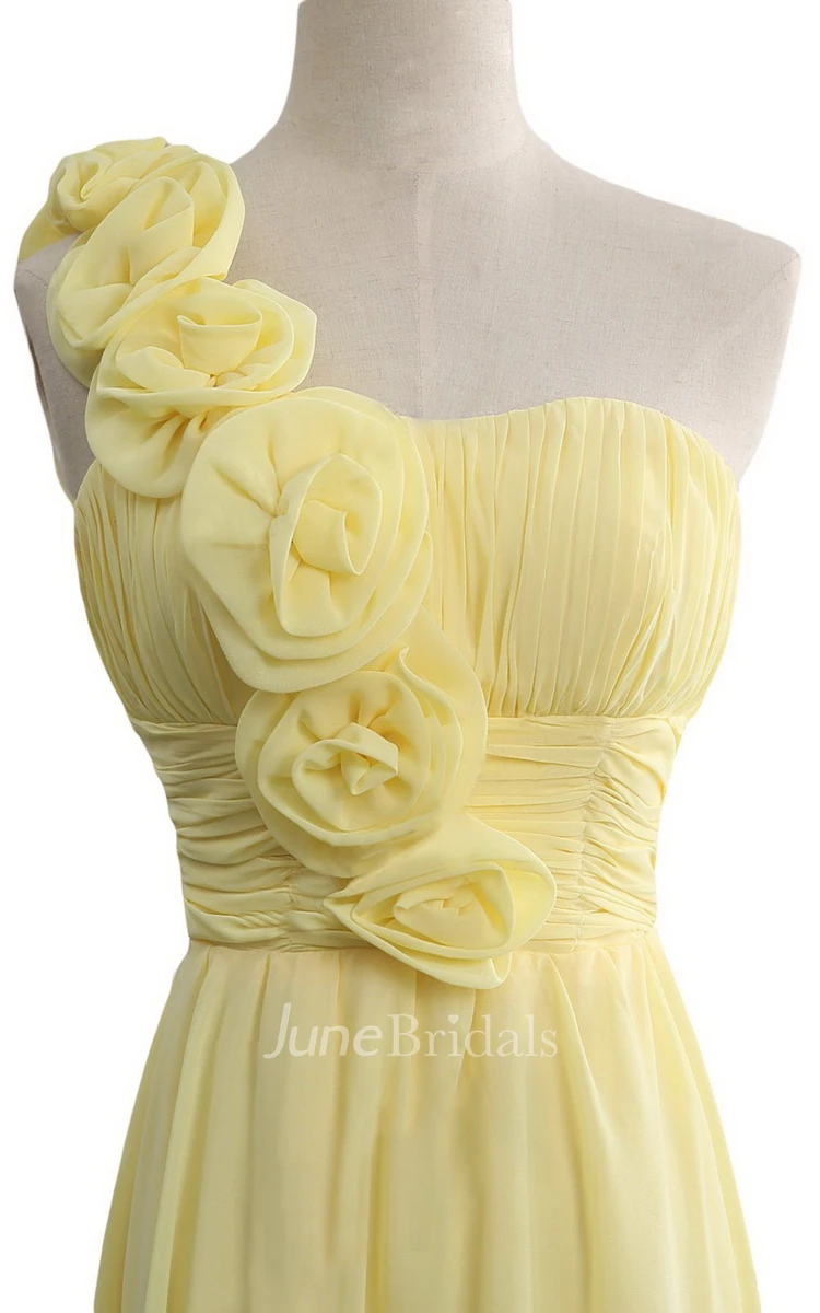 One-shoulder Floral Appliqued Long Layered Chiffon Dress
