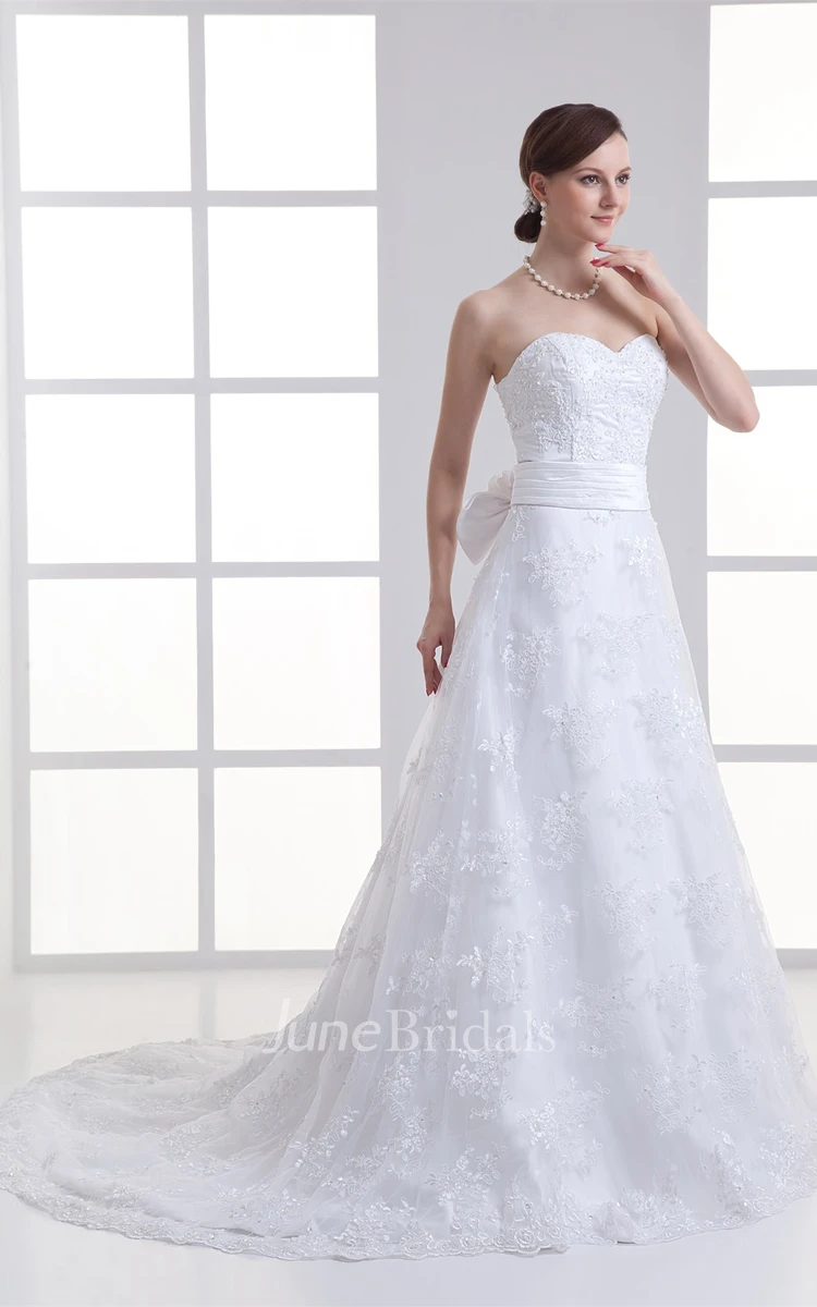 lace a-line floor-length strapless gown with court train and ribbon