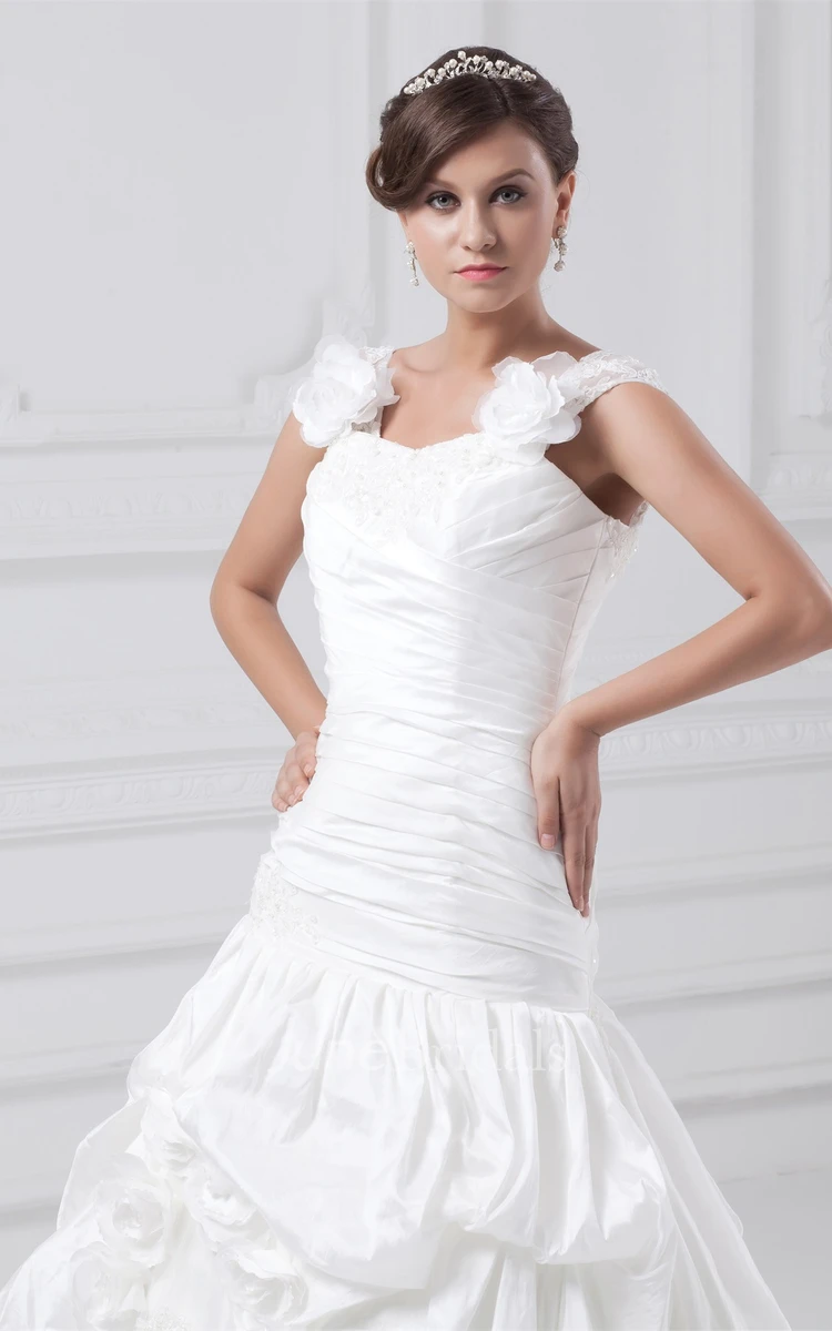 Caped-Sleeve Ruched Pick-Up Gown with Lace and Flower