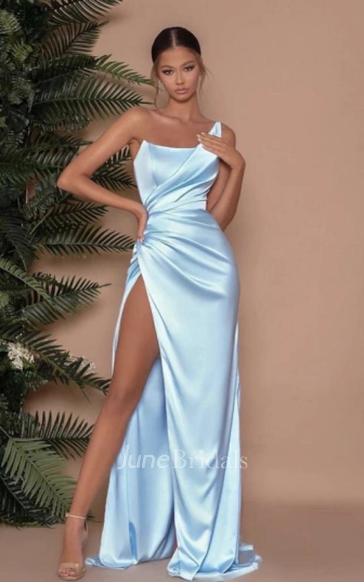 A-Line One-shoulder Satin Beach Prom Evening Dress Simple Casual Sexy Romantic Adorable With Ruching Split Front And Sleeveless