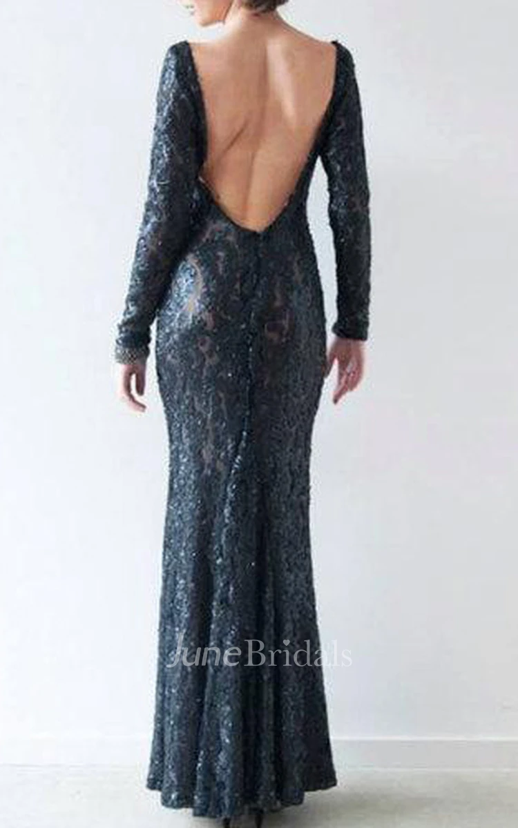 Sheath Scoop Long Sleeve Dress With Appliques And Deep-V Back