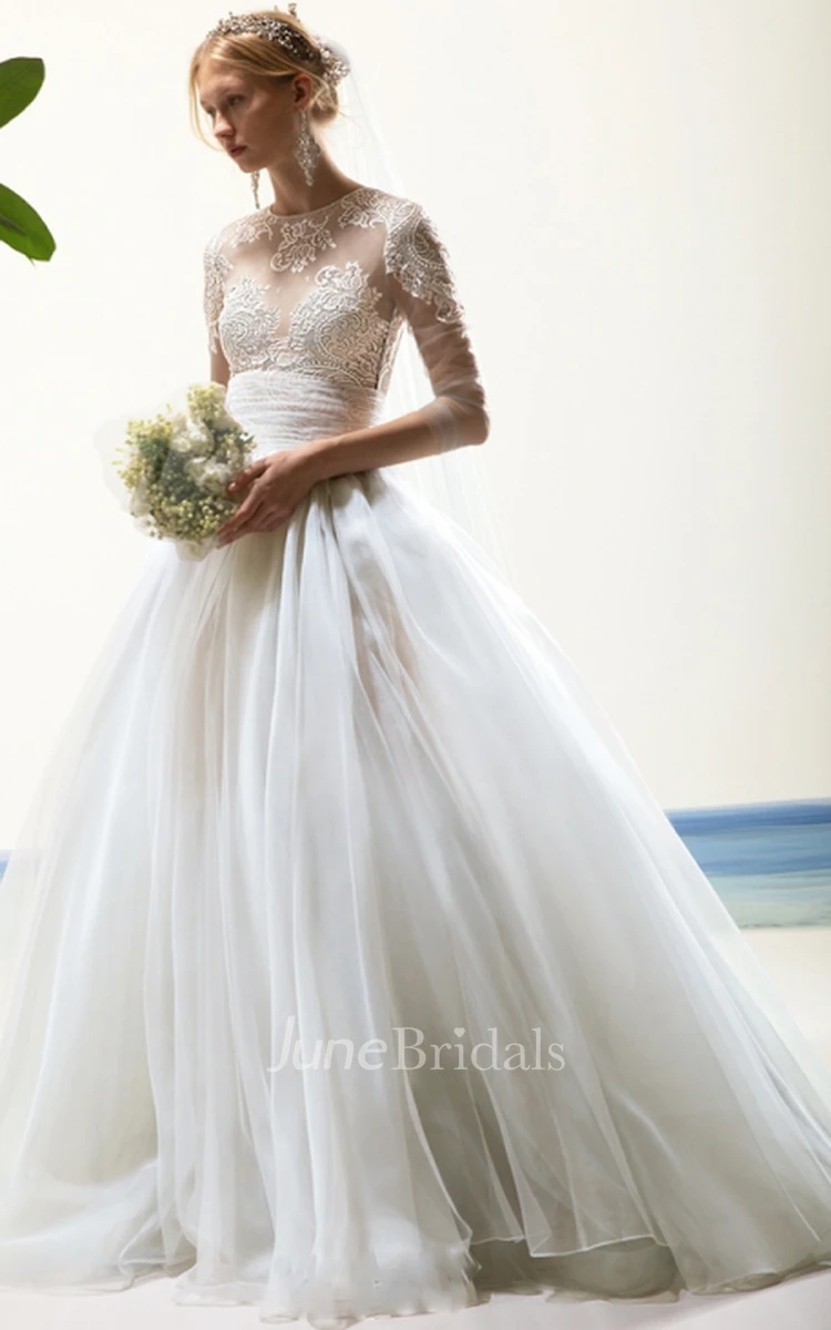 Romantic Jewel Half Sleeve Floor-length Tulle Ball Gown Wedding Dress with Appliques