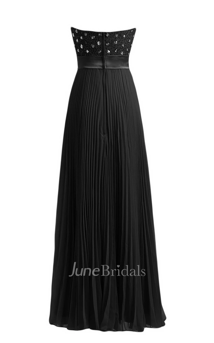 Strapless Empire Long Pleated Dress With Rhinestones