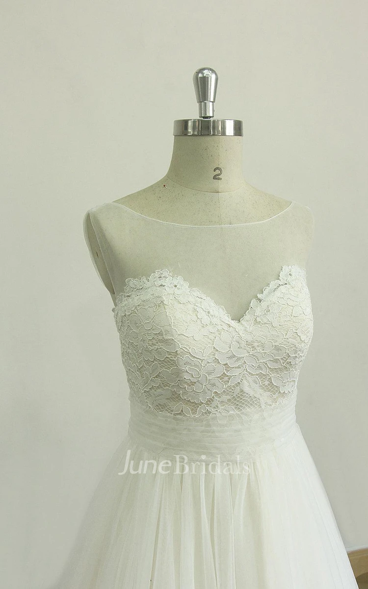 A-Line Tulle Sweetheart Lace Dress With Bow And Sweep Train