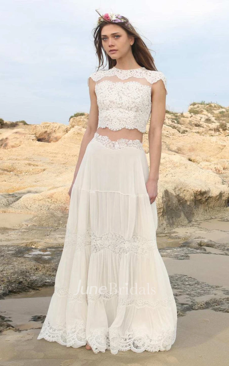Jewel-Neck Cap-Sleeve Lace Chiffon Two-Piece Wedding Dress